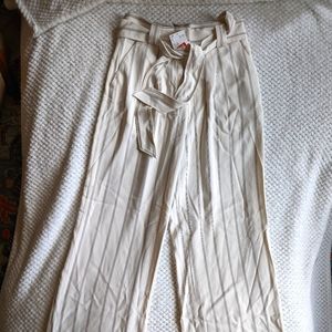 H&M wide leg off-white with pinstripes pants with tie belt